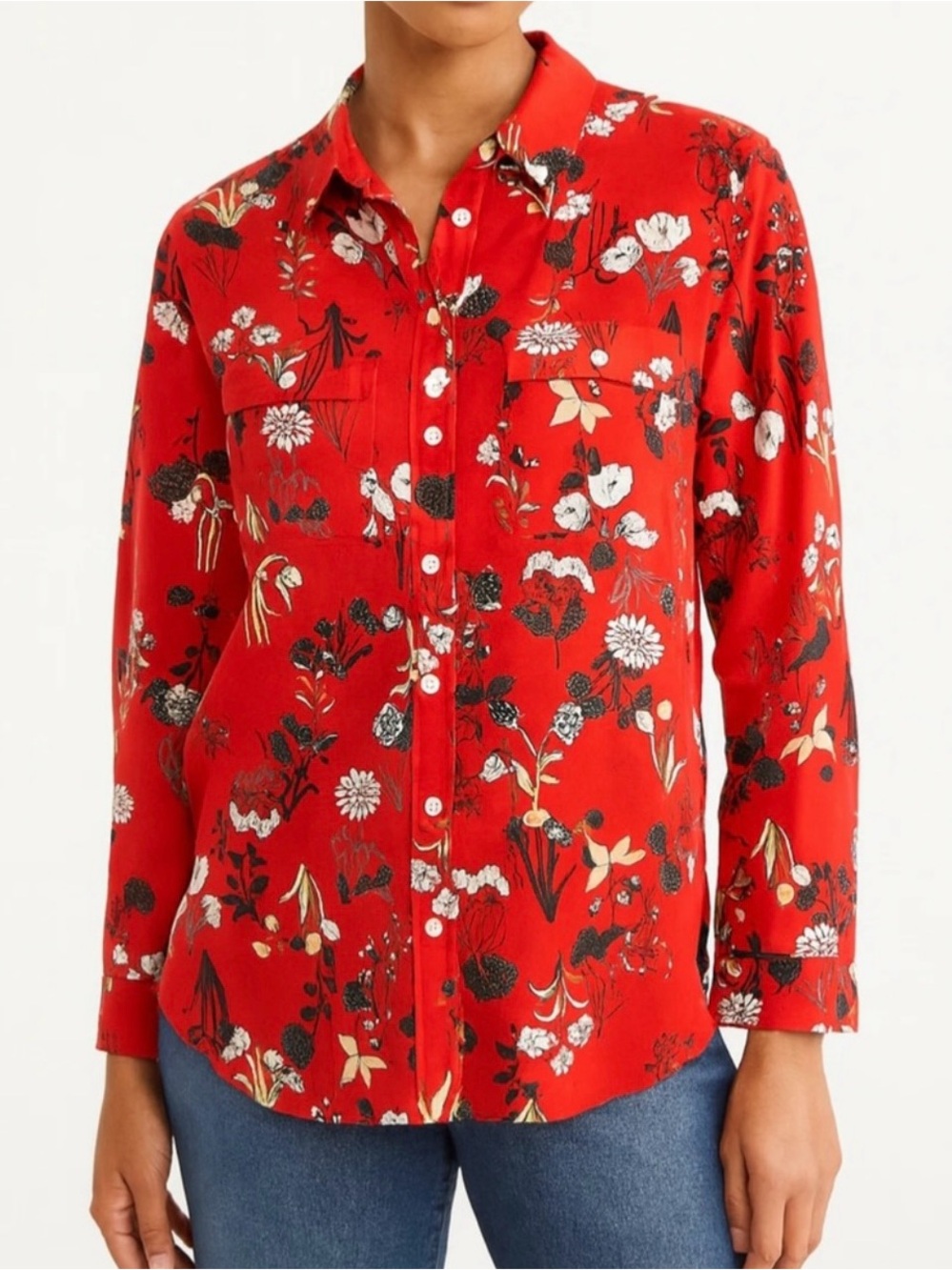 LOFT Red Floral Button-Down Shirt